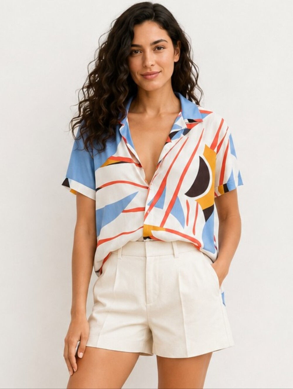 Denim & Flower Abstract Print Viscose Button Down Shirt Blue Small